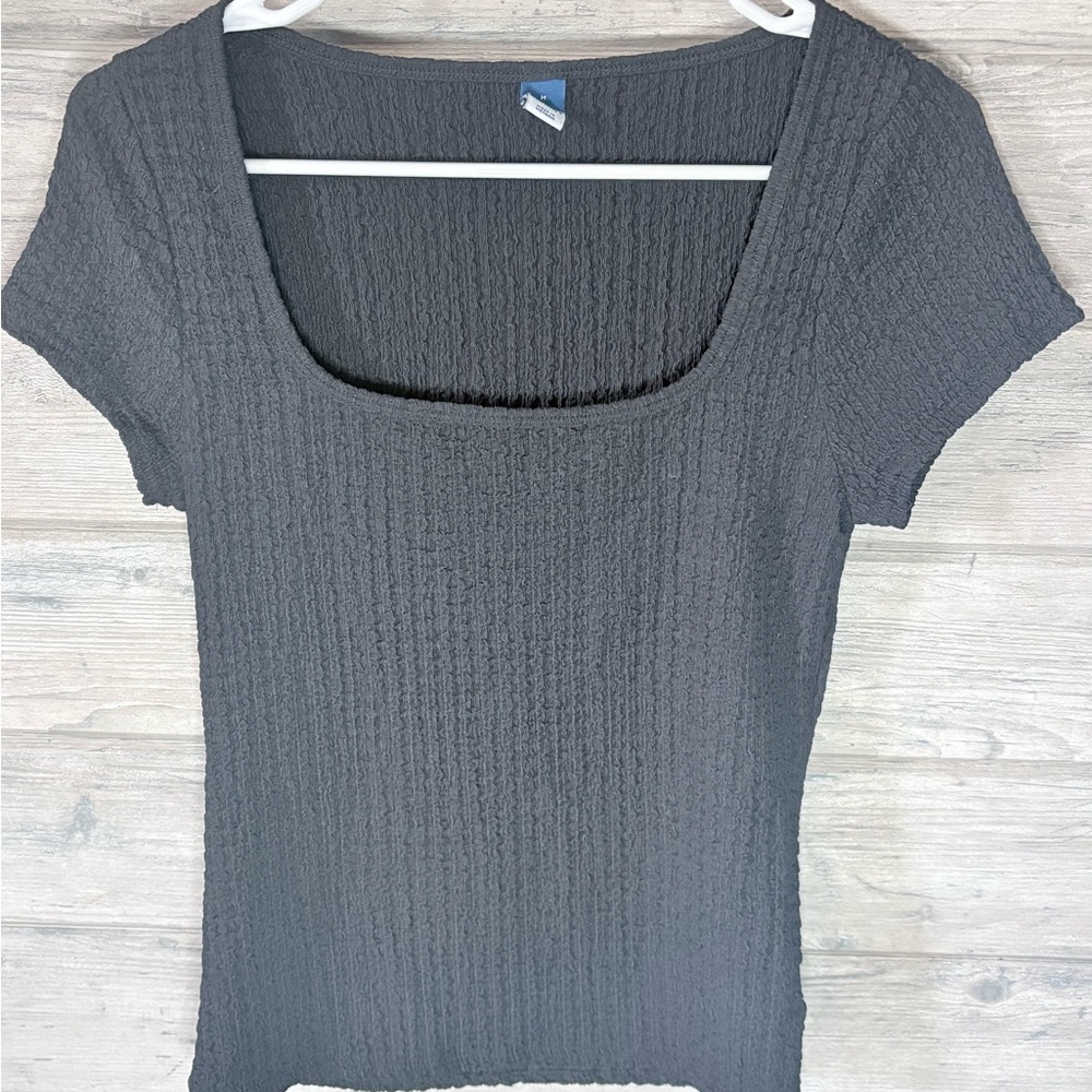 Stretch Ribbed Square Neck Opd Navy Women's Top - Charcoal